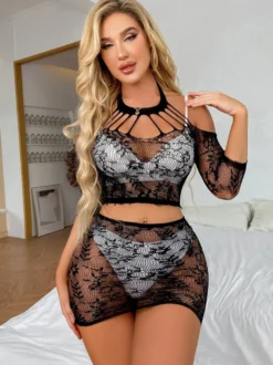 Ensemble pyjama noir en nylon transparent 2 pièces lingerie en maille résille transparente