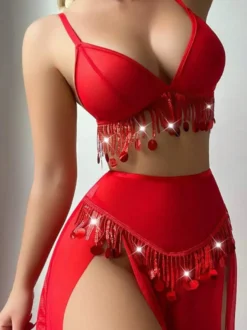 Ensemble pyjama 3 pièces en polyester rouge à franges superposées