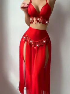 Ensemble pyjama 3 pièces en polyester rouge à franges superposées