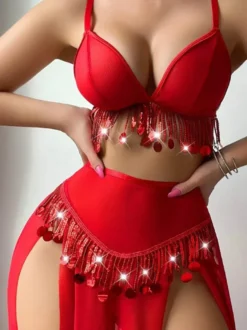 Ensemble pyjama 3 pièces en polyester rouge à franges superposées