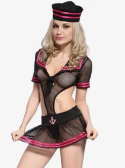 Ensemble robe en résille transparente à manches courtes et chapeau de marin pour femme idéal pour un jeu de rôle.