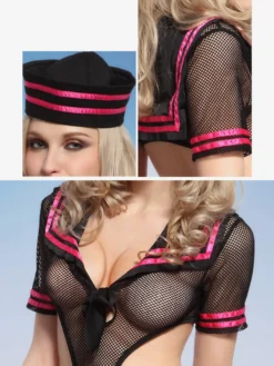 Ensemble robe en résille transparente à manches courtes et chapeau de marin pour femme idéal pour un jeu de rôle.
