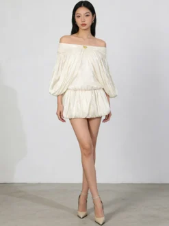 Ensemble robe mini-robe crème à épaules dénudées et volants pour femme style romantique chic