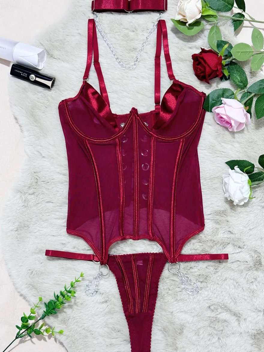 Ensembles de corsets et pantalons bordeaux en polyester dos nu à lacets ensembles de lingerie sexy d'intérieur