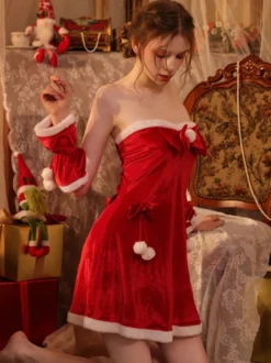 Ensembles De Costumes De Noël Robe De Nuit Rouge En Velours