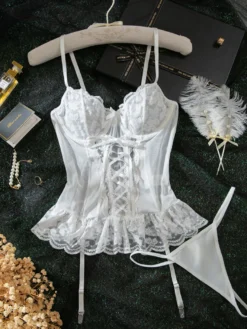 Ensembles de lingerie de mariée en dentelle blanche avec nœud bustier et culotte deux pièces
