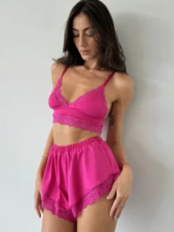 Ensembles De Pyjama Lingerie D'intérieur En Dentelle Rose Soutien-Gorge Short