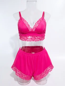 Ensembles De Pyjama Lingerie D'intérieur En Dentelle Rose Soutien-Gorge Short