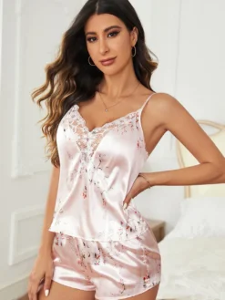 Ensembles de pyjama rose en soie imprimé floral en dentelle transparente lingerie décontractée quotidienne