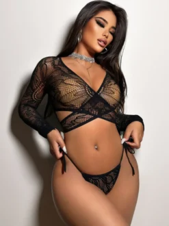 Ensembles de pyjamas noirs ajourés lingerie décontractée pour tous les jours