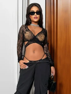Ensembles de pyjamas noirs ajourés lingerie décontractée pour tous les jours