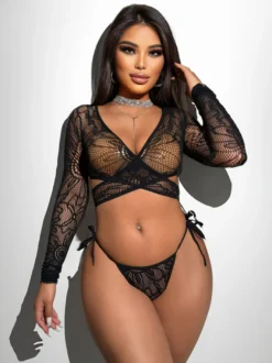 Ensembles de pyjamas noirs ajourés lingerie décontractée pour tous les jours