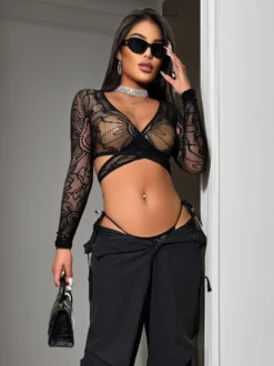 Ensembles de pyjamas noirs ajourés lingerie décontractée pour tous les jours