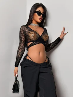 Ensembles de pyjamas noirs ajourés lingerie décontractée pour tous les jours