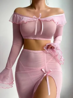 Ensembles de pyjamas violets à lacets et ensembles de lingerie 2 pièces en maille transparente rose