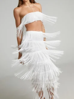 Ensembles de soirée chics sans manches à franges et dos nu