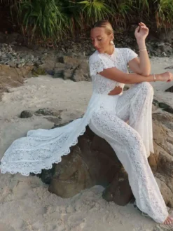 Ensembles deux pièces : pantalon robe maxi blanc tenue de villégiature col rond manches illusion manches courtes