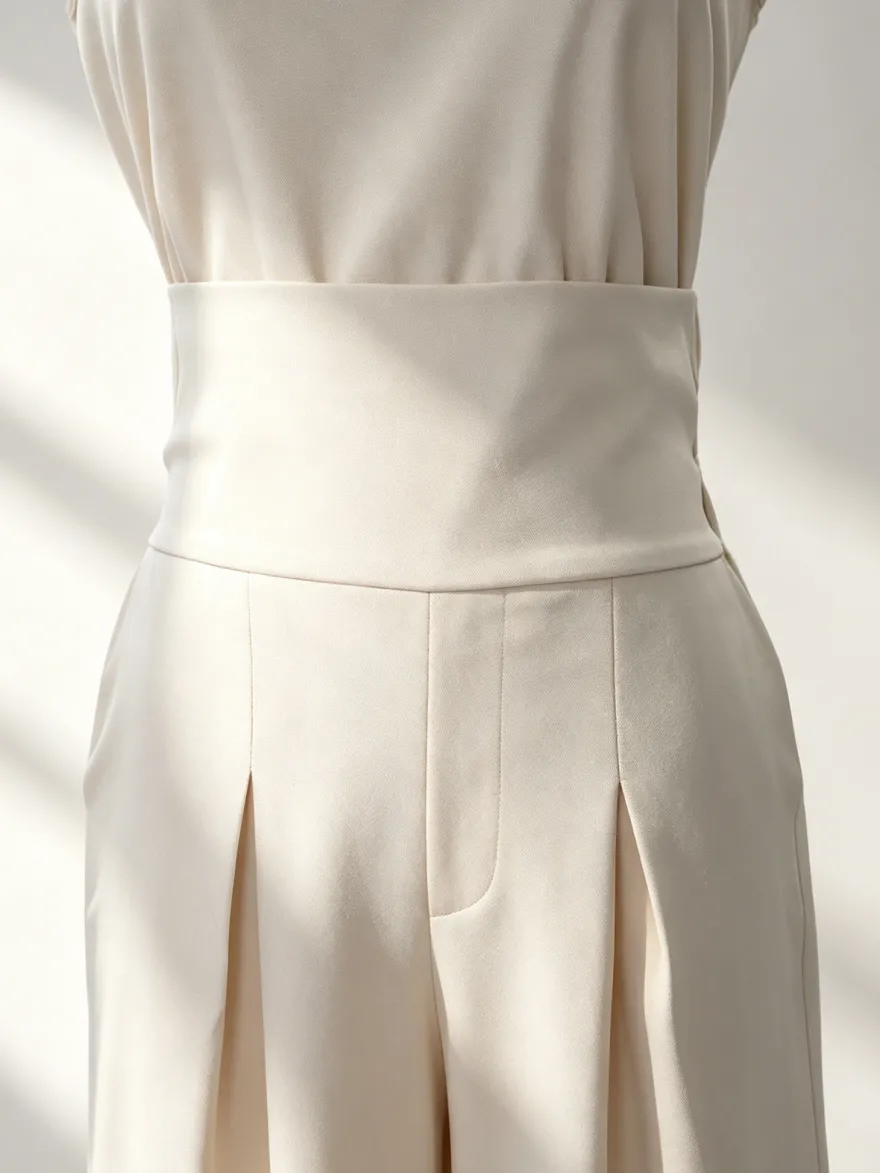 Ensembles deux pièces : pantalon et robe maxi écru blanc à col montant sans manches élégants