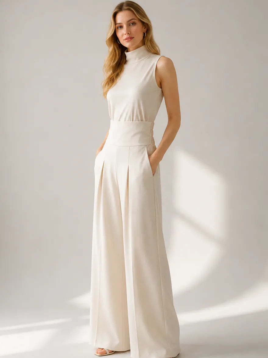 Ensembles deux pièces : pantalon et robe maxi écru blanc à col montant sans manches élégants