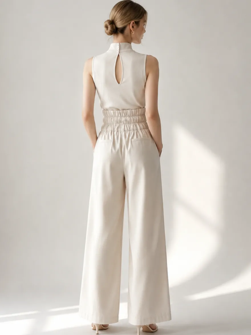 Ensembles deux pièces : pantalon et robe maxi écru blanc à col montant sans manches élégants