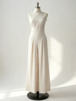 Ensembles deux pièces : pantalon et robe maxi écru blanc à col montant sans manches élégants