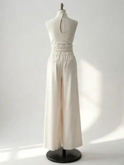 Ensembles deux pièces : pantalon et robe maxi écru blanc à col montant sans manches élégants