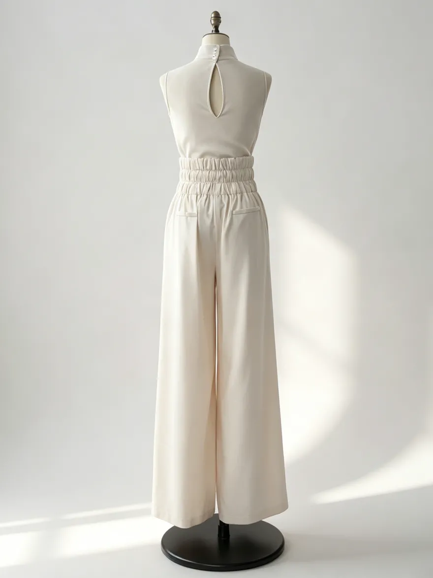 Ensembles deux pièces : pantalon et robe maxi écru blanc à col montant sans manches élégants