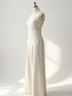 Ensembles deux pièces : pantalon et robe maxi écru blanc à col montant sans manches élégants