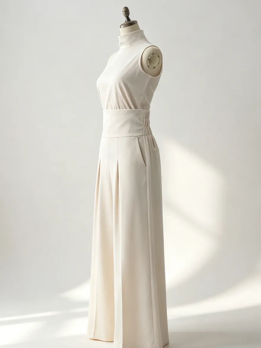 Ensembles deux pièces : pantalon et robe maxi écru blanc à col montant sans manches élégants
