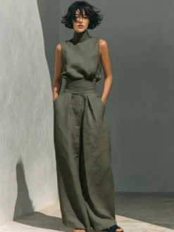 Ensembles deux pièces : pantalon et robe maxi écru blanc à col montant sans manches élégants
