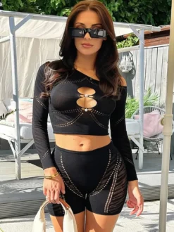Ensembles de vêtements de club perles manches longues tenues de club sexy