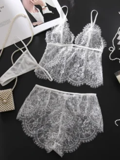 Ensemble soutien-gorge et culotte blancs en dentelle de mariée 3 pièces