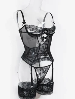 Ensembles 3 pièces de lingerie collants et bas résille noirs à imprimé floral