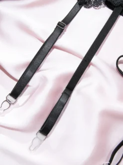Ensembles 3 pièces de lingerie collants et bas résille noirs à imprimé floral