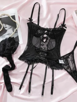 Ensembles 3 pièces de lingerie collants et bas résille noirs à imprimé floral