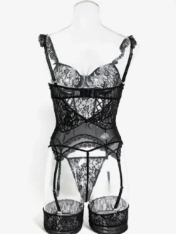 Ensembles 3 pièces sexy en lingerie collants et bas résille noirs à imprimé floral découpé