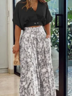 Ensemble Tailleur Pantalon Pour Femme Femme Imprimé Pantalons Longues Bicolores Bas Evasée