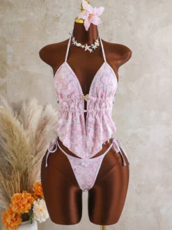 Ensemble tankini dos nu à paillettes pour femme - Maillot de bain 2 pièces à appliqué floral et breloque étoile de mer - Idéal pour les fêtes d'été à la plage 2026