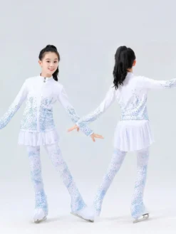 Ensemble veste et pantalon de patinage artistique pour filles et femmes orné de strass manches longues survêtement chaud avec coussinets de hanches tenue d'entraînement de patinage sur glace