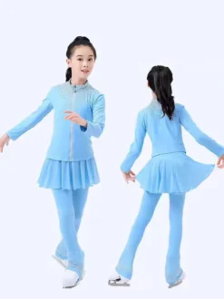 Ensemble veste et pantalon de patinage artistique pour filles et femmes orné de strass manches longues survêtement chaud avec coussinets de hanches tenue d'entraînement de patinage sur glace