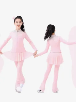 Ensemble veste et pantalon de patinage artistique pour filles et femmes orné de strass manches longues survêtement chaud avec coussinets de hanches tenue d'entraînement de patinage sur glace