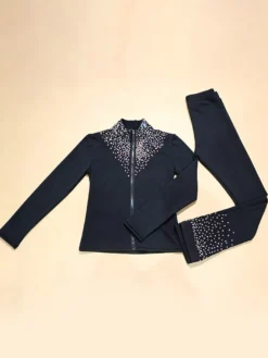 Ensemble veste et pantalon de patinage artistique pour filles et femmes orné de strass manches longues survêtement chaud avec coussinets de hanches tenue d'entraînement de patinage sur glace