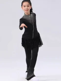 Ensemble veste et pantalon de patinage artistique pour filles et femmes orné de strass manches longues survêtement chaud avec coussinets de hanches tenue d'entraînement de patinage sur glace