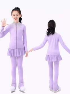 Ensemble veste et pantalon de patinage artistique pour filles et femmes orné de strass manches longues survêtement chaud avec coussinets de hanches tenue d'entraînement de patinage sur glace