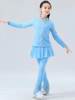 Ensemble veste et pantalon de patinage artistique pour filles et femmes orné de strass manches longues survêtement chaud avec coussinets de hanches tenue d'entraînement de patinage sur glace