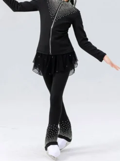 Ensemble veste et pantalon de patinage artistique pour filles et femmes orné de strass manches longues survêtement chaud avec coussinets de hanches tenue d'entraînement de patinage sur glace