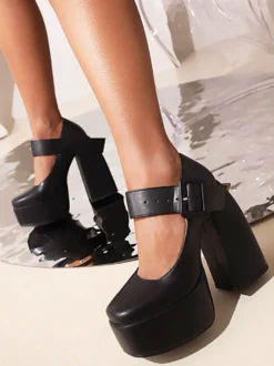 Escarpins avec Plateforme à Talons Hauts Femme avec Bout Rond avec Boucles Unicolore