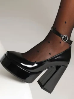 Escarpins à bout rond pour femmes Talons hauts Talon épais Tige en PU verni