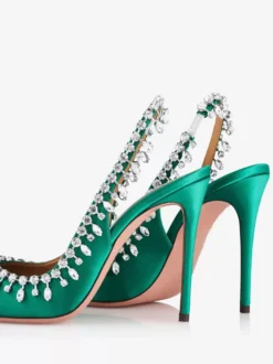 Escarpins à bride arrière en satin à bout ouvert et strass chaussures de fête à talons hauts