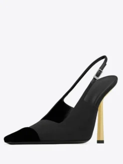 Escarpins à bride arrière en satin noirs à talons aiguilles bout carré